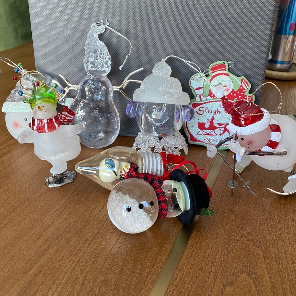Snowman Christmas Holiday Tree Ornament Bundle. Snow globe. Rare. Playful. Fun.
